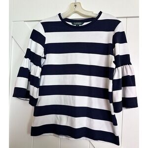 LAUREN‎ Ralph Lauren 84% Viscose Striped Navy/White 3/4 Bell Sleeve Top Small